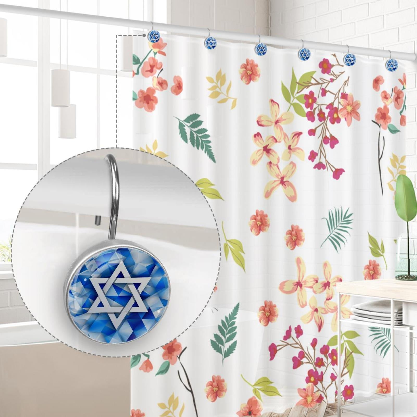 Blue White Israel Flag Shower Curtain Hooks Round Crystal Glass, Set of 12 Shower Curtain Rings - Shower Hooks for Curtain Shower Rings