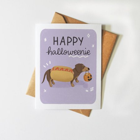 Happy Halloweenie Card – Cute Hot Dog Dachshund Design – Blank Inside Envelope Included – Perfect for Halloween Greetings and Celebrations