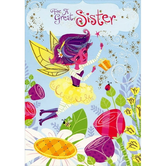 Designer Greetings Fairy with Purple Hair Flying Above Flowers Juvenile Birthday Card for Sister