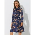 thumbnail image 3 of Vestido con cinturón y estampado floral vintage Allegra K de manga larga gasa con cuello anudado para mujer Azul Satinado S, 3 of 5