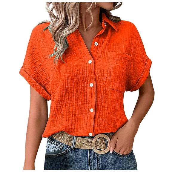 YDFCWXW Button Down Dressy Shirts for Womens Gauze Shirts Casual Short Sleeve Textured Collared Summer Work Blouse Clothes Orange, XXL