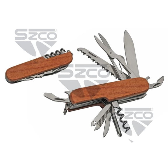 SZCO 3.5" 13 Function Wood Handle Multi Tool Knife – Swiss Army Style Stainless Steel Pocket Knife for Engraving