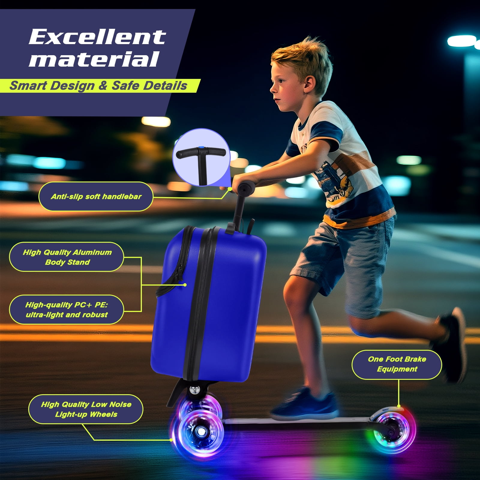Advwin Scooter Suitcase with Top Opening & LED Light-up Wheel, Lightweight Hardshell Foldable Ride-On Luggage with Adjustable Handle for Travel, Blue