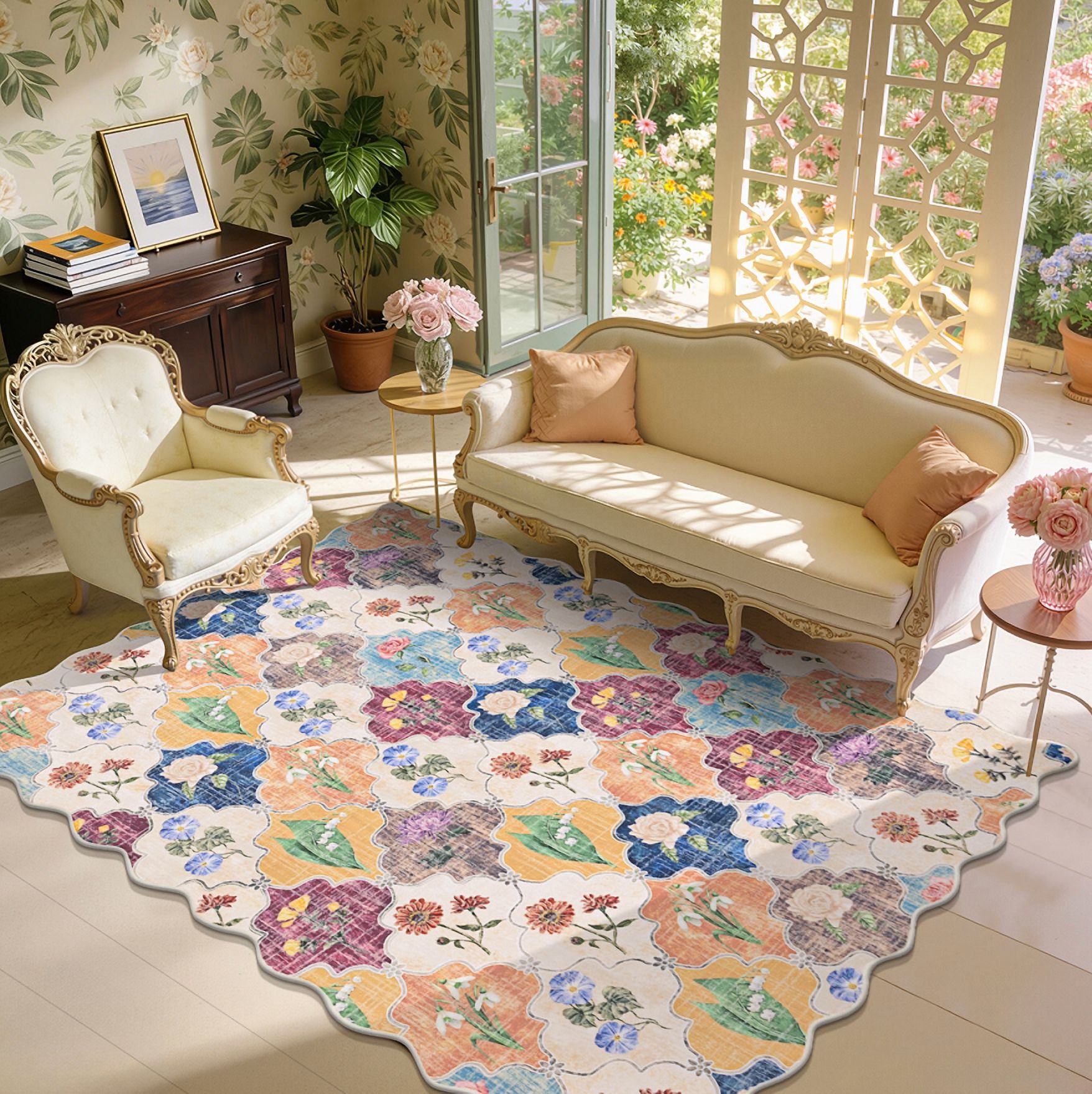 MJIAexp 5x7 Moroccan Floral Area Rug Washable Bedroom Rug Vintage Boho Area Rug Non-Slip Accent Throw Rug Stain Resistant Floor Carpet for Kitchen Entryway Living Room Office Multi-Color