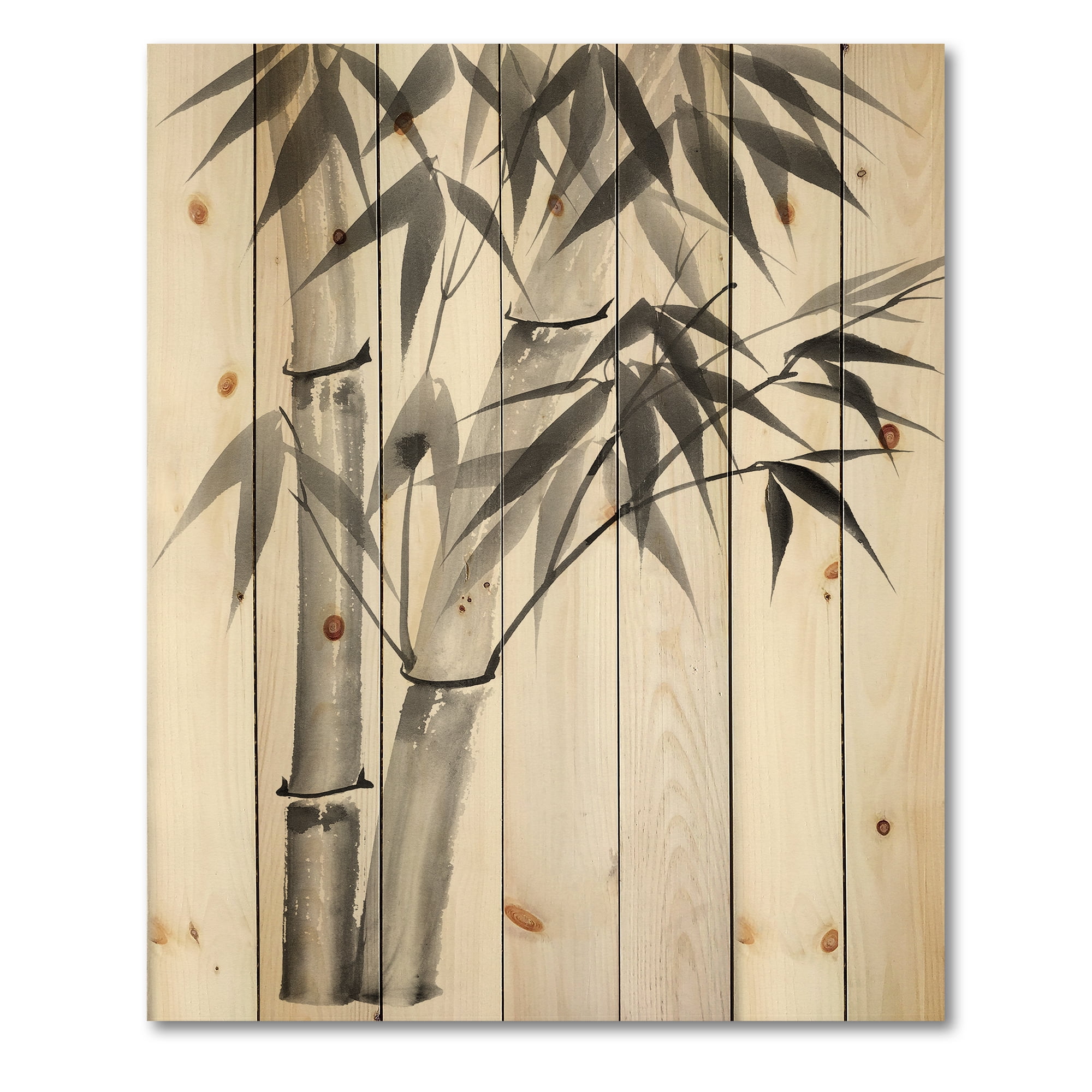 Designart 'Vintage Black and White Bamboo' Traditional Print on Natural Pine Wood