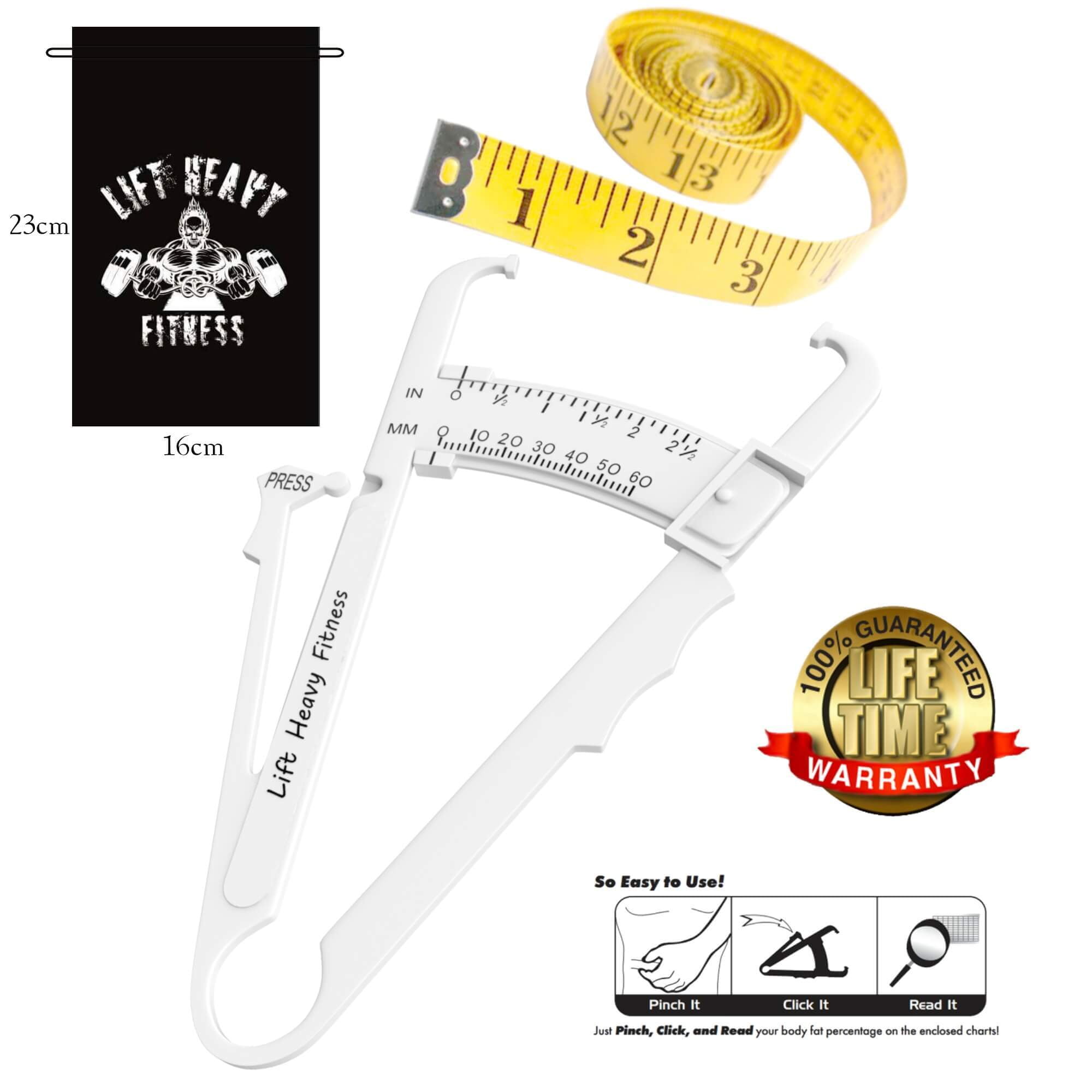 Skin Calipers for Body Fat Testing Combo Set + Small Gym Tote Bag + Measuring Tape
