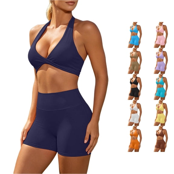 XIAONU Womens Halter Twist Front Sports Bra and Biker Shorts Sets High Waist Tummy Control Workout Athletic Outfits