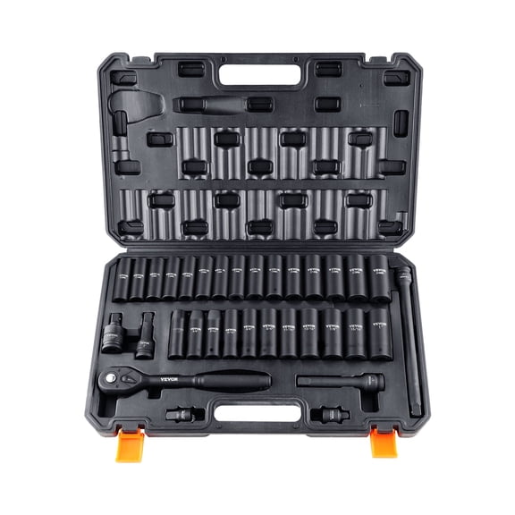 VEVOR 1/2" Drive Impact Socket Set, 33 Piece Socket Set SAE 3/8"-1" and Metric 10-24mm, 6 Point Cr-V Alloy Steel for Auto Repair,Easy-to-Read Size Markings,Rugged Construction,Includes Storage Case