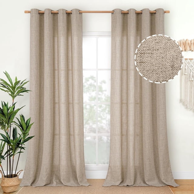 Natural Linen Curtains Long for Living Room Bedroom Grommet Top Light Filtering Privacy Linen Textu Window Semi Sheer Drapes Panels x Natural