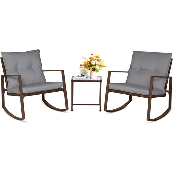 LiteHaven 3 Piece Outdoor Rocking Bistro Set Black Wicker Furniture Porch Chairs Conversation Sets with Glass Coffee Table Dark Grey