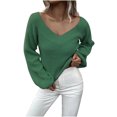 thumbnail image 2 of Qetyuw Cropped Sweater for Women Crochet Knit Long Sleeve V Neck Pullover Sweaters Solid Color Casual Chunky Jumpers, 2 of 6
