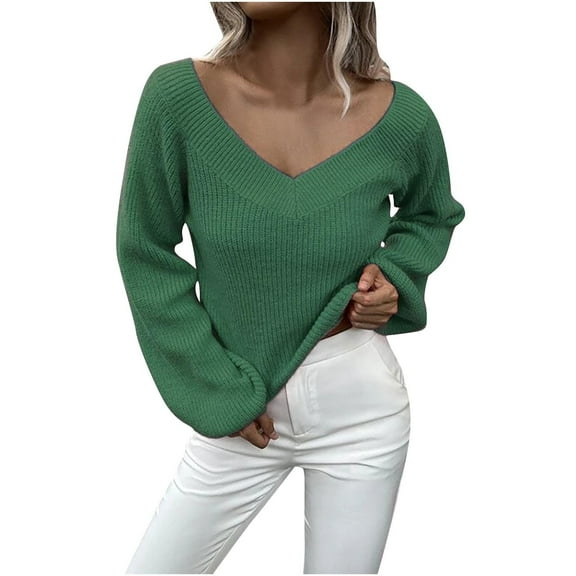 IROINNID Womens Sweater V-Neck Pullover Sweater Solid Color Comfy Short Length Long Sleeve Sweater Top Sweater