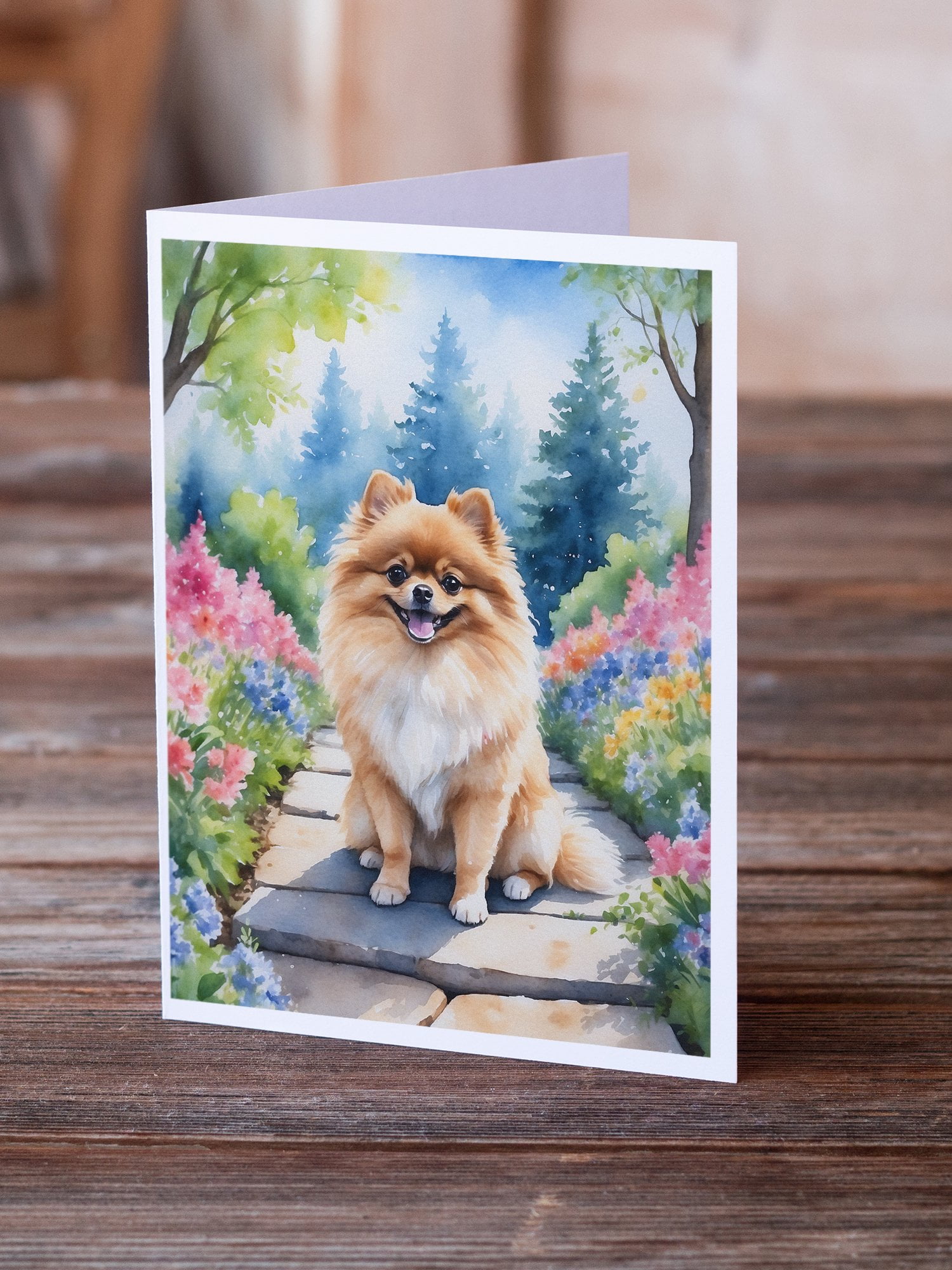 Pomeranian Spring Path Greeting Cards Pack of 8 7 in x 5 in