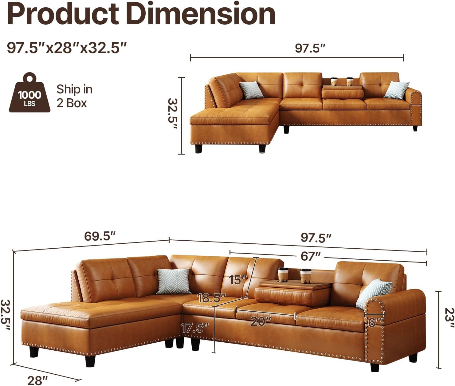 AENKYO 98" L-Shaped Upholstered Sectional Sofa Couch with Storage & Cup Holders, Faux Leather Living Room Sofa Set, Ginger