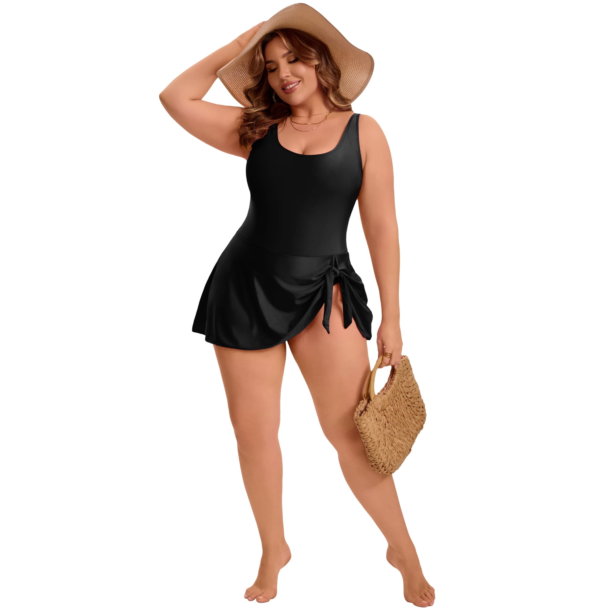 DARING DIVA Women's Plus 1 Piece Tummy Control Push Swimdress 3X Black