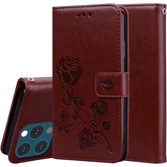 Phone Case for iPhone 13 Pro,Rose Flower Luxury Flip Leather Cover with Card Holder Credit Cards Slot Cash Pockets [Wrist Strap][Kickstand] Wallet Case for iPhone 13 Pro RS Brown