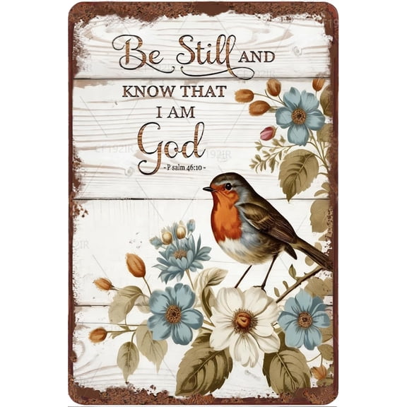 Be Still and Know That I Am God Robin Bird Tin Sign, Psalm 46:10 Scripture Verse Rustic Floral Aluminum Wall Decor for Home or Church, 8x12 Inches