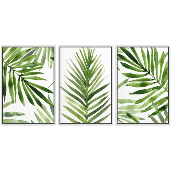 IDEA4WALL Framed Canvas Print Wall Art Set of 3 Green Tropical Palm Leaf Prints, Watercolor Botanical Art Prints, Large Modern Wall Art, Minimalist Artwork for Home Decor - White 16"x24"x3