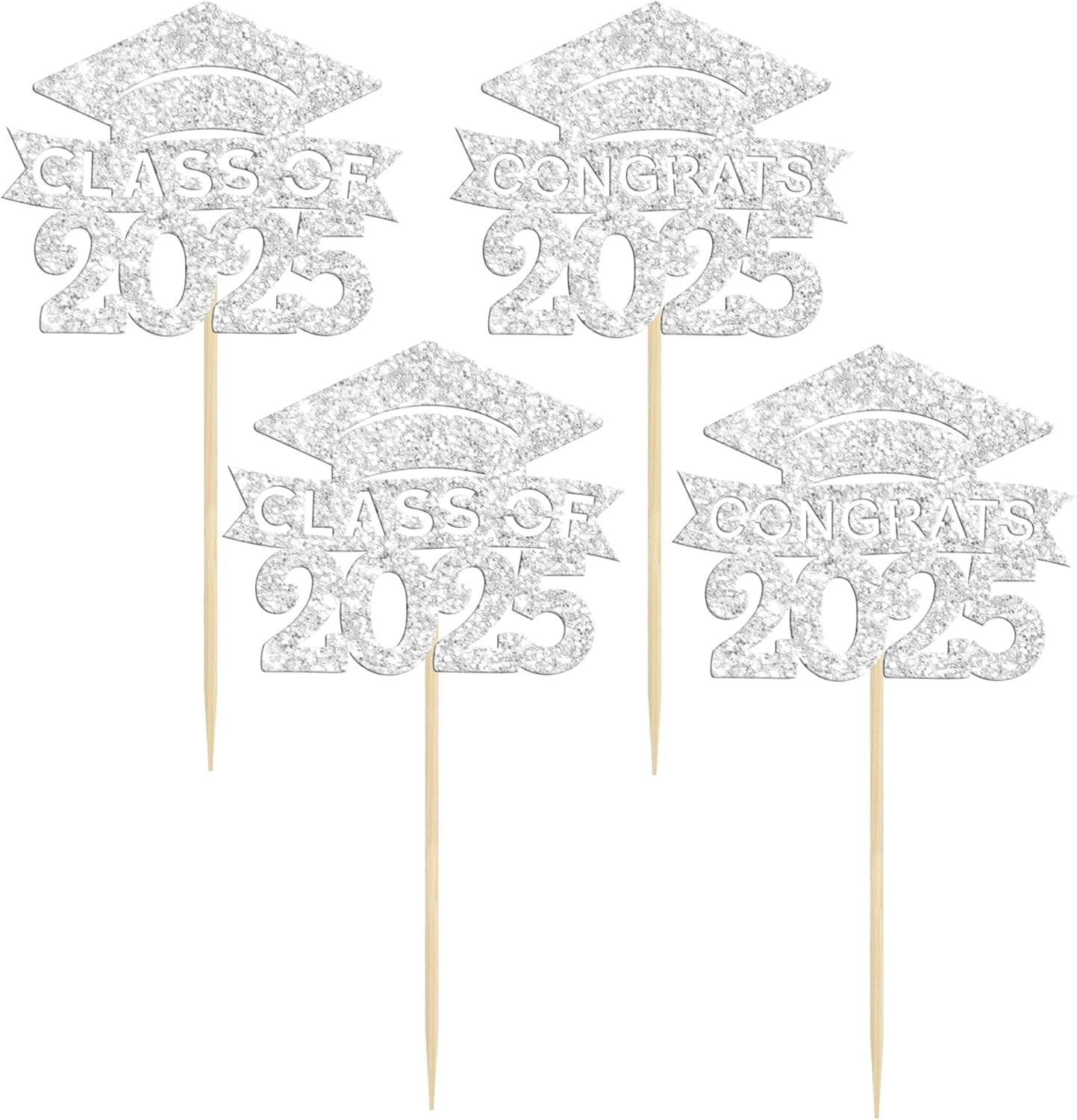 36Pcs 2025 Graduation Cap Cupcake Toppers 2025 Silver Glitter Class of 2025 Cupcake Picks 2025 Graduation Theme Party Cake Decorations