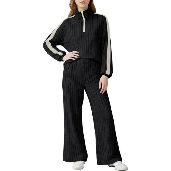 Wutalume Women's 2-Piece Ribbed Knit Casual Set, Comfortable Half Zip Tracksuit Top and Wide Leg Joggers, Sporty Loungewear,Black L