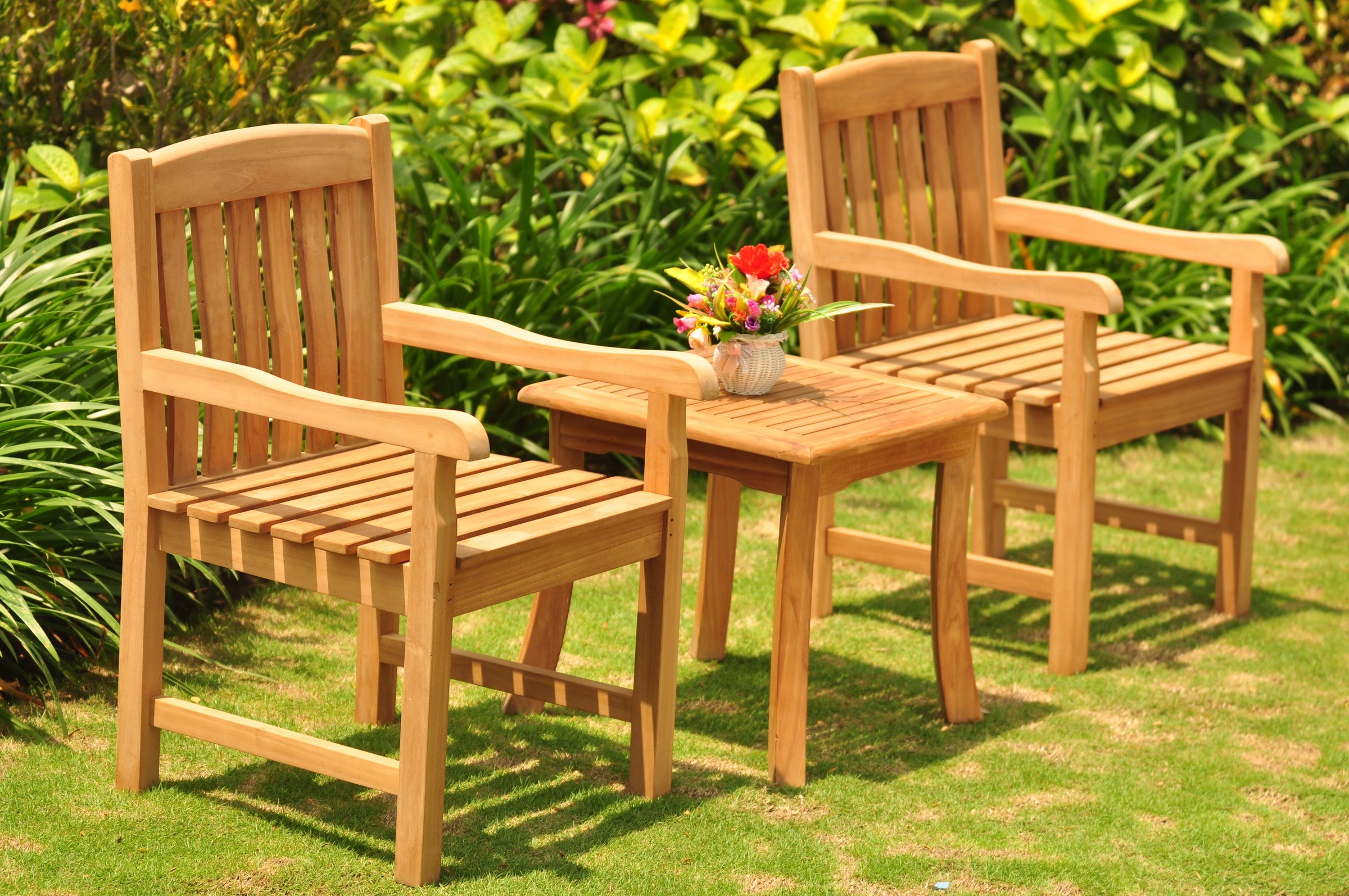 Teak Dining Set: 2 Seater 3 Pc: 21" Giva Square Side Table & 2 Devon Arm/Captain Chairs Outdoor Patio Grade-A Teak Wood WholesaleTeak #WMDSDVa - image 4 of 5
