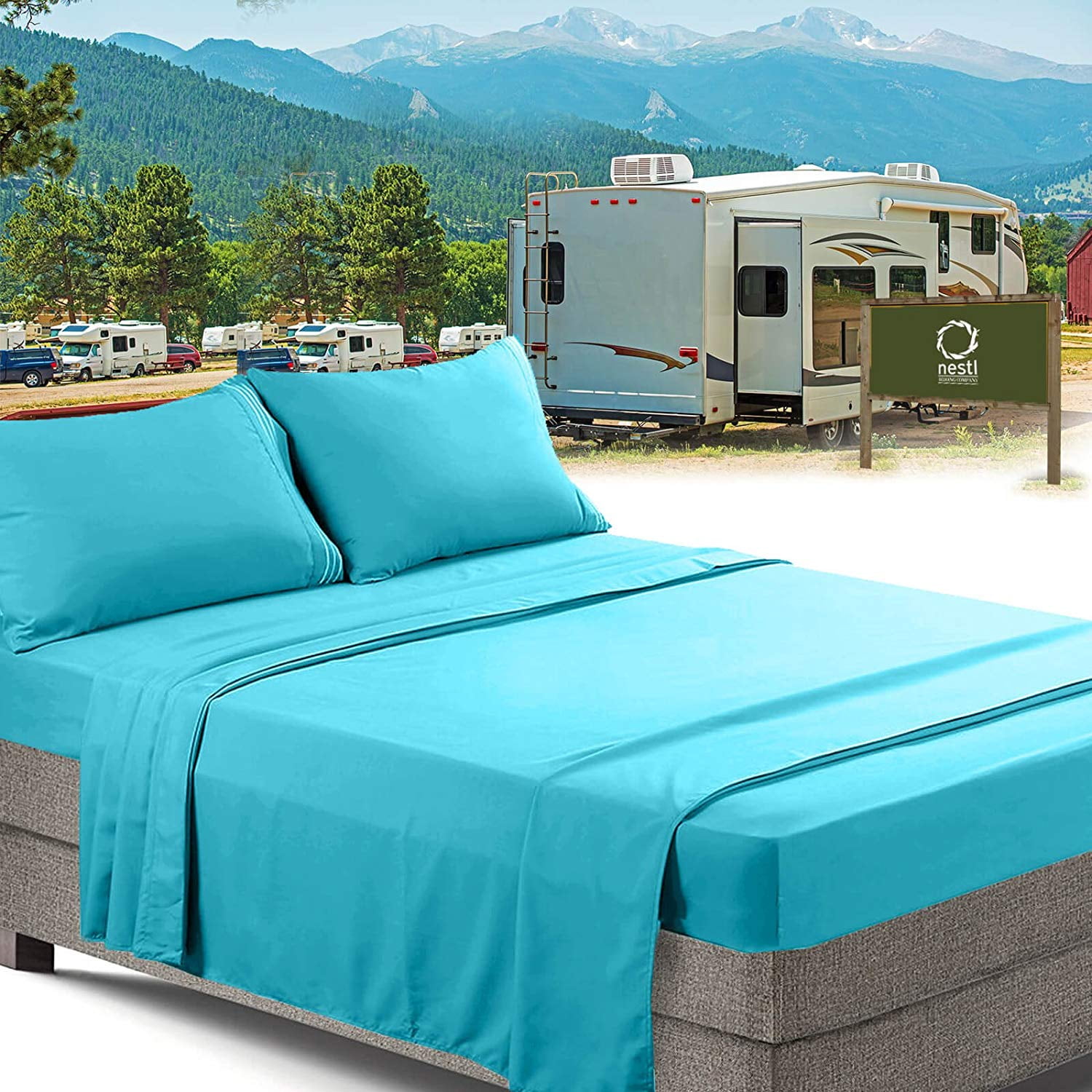 Nestl RV/Short Queen Bed Sheets Set Bedding Sheets Set for Campers, 4-Piece Bed Set, Deep Pockets Fitted Sheet, 100% Luxury Soft Microfiber, Hypoallergenic, Cool & Breathable, Beach Blue