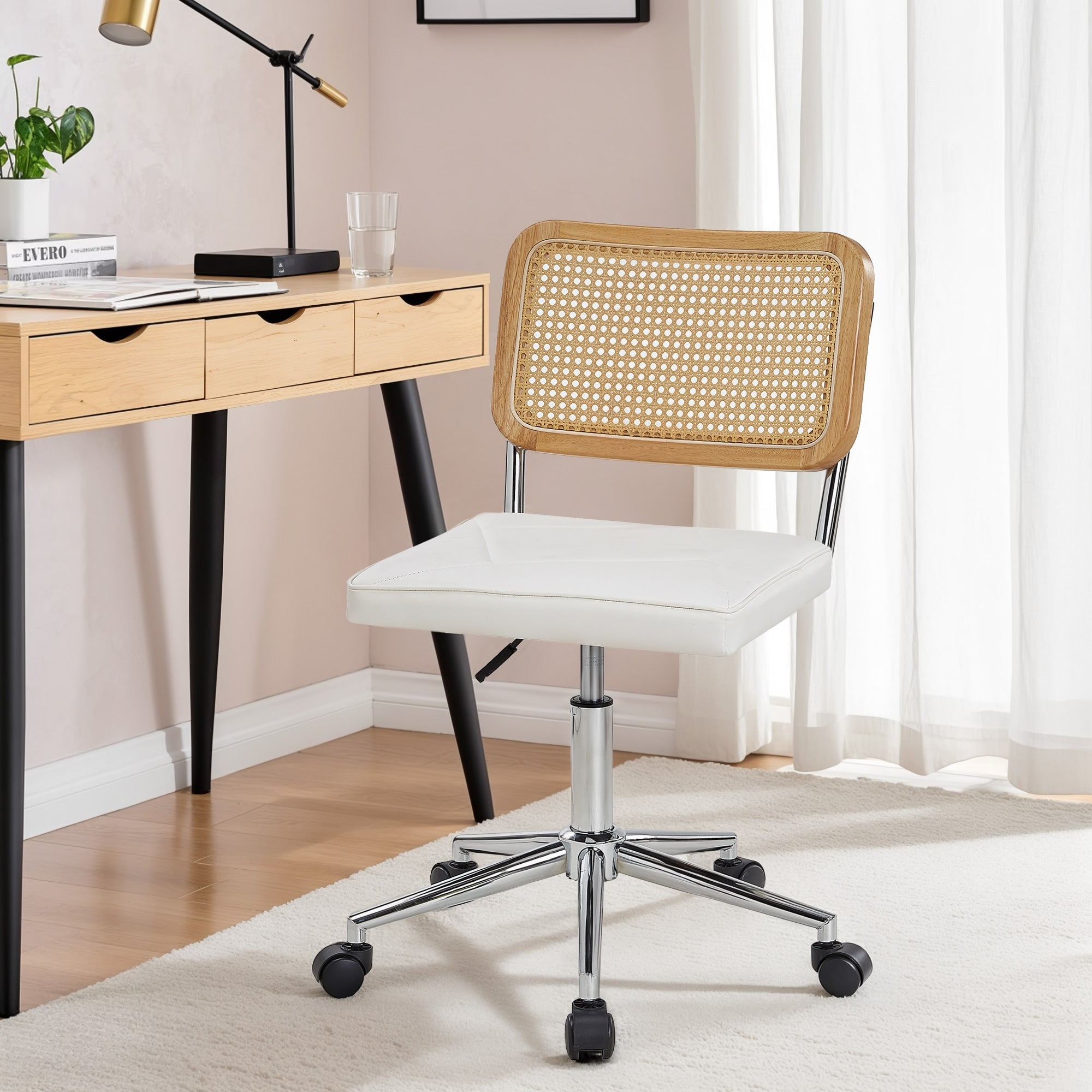 VECELO Mid Century Home Office Chair with Wheels, Modern PU Leather Desk Chair with Rattan Backrest, Adjustable Height Task Chair Swivel Computer Chair, White