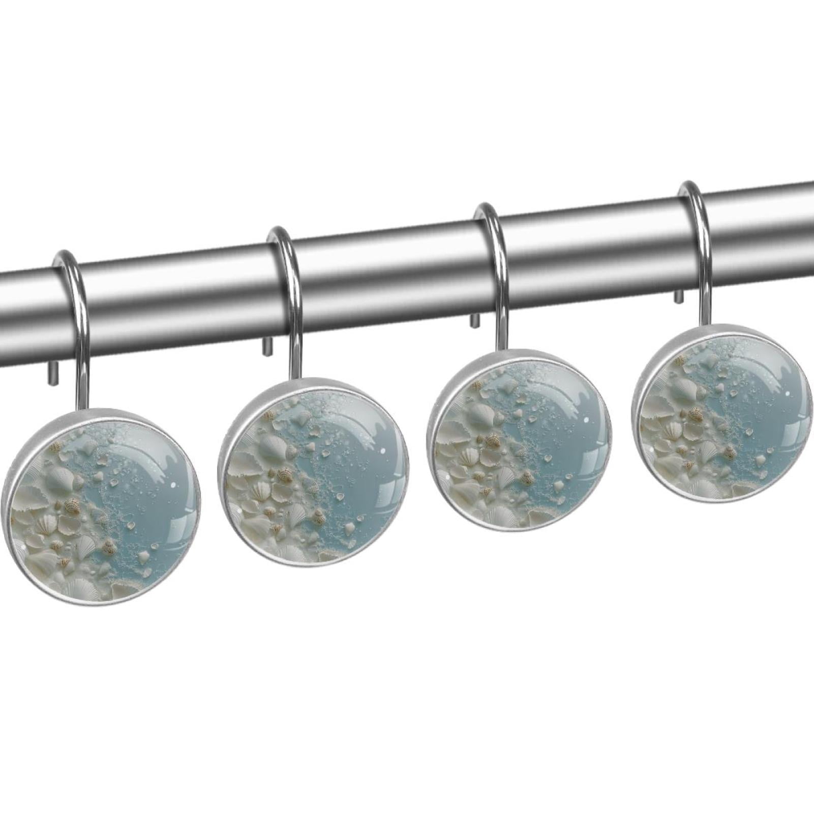 White Sea Shells Shower Curtain Hooks Round Crystal Glass, Set of 12 Shower Curtain Rings - Shower Hooks for Curtain Shower Rings