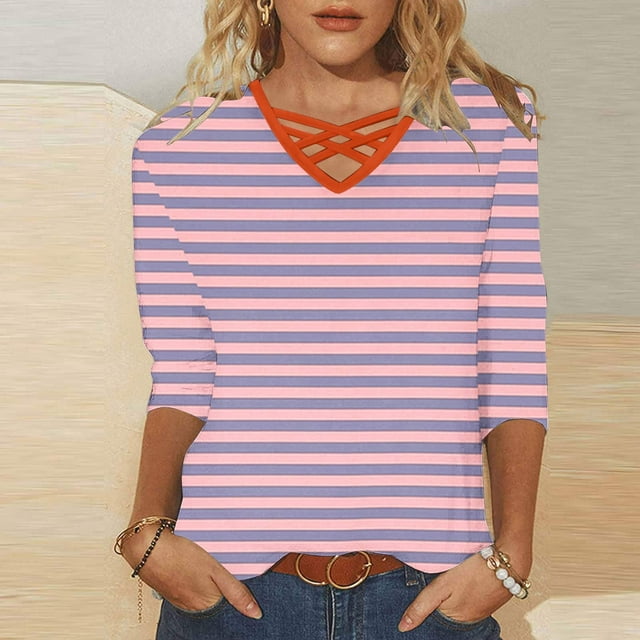 RXIRUCGD Haut pour Femme Mode et Décontracté à Col en V Manches 3/4 Haut/chemise à Manches Longues à Col en V, Rose Vif, Taille : 5TG