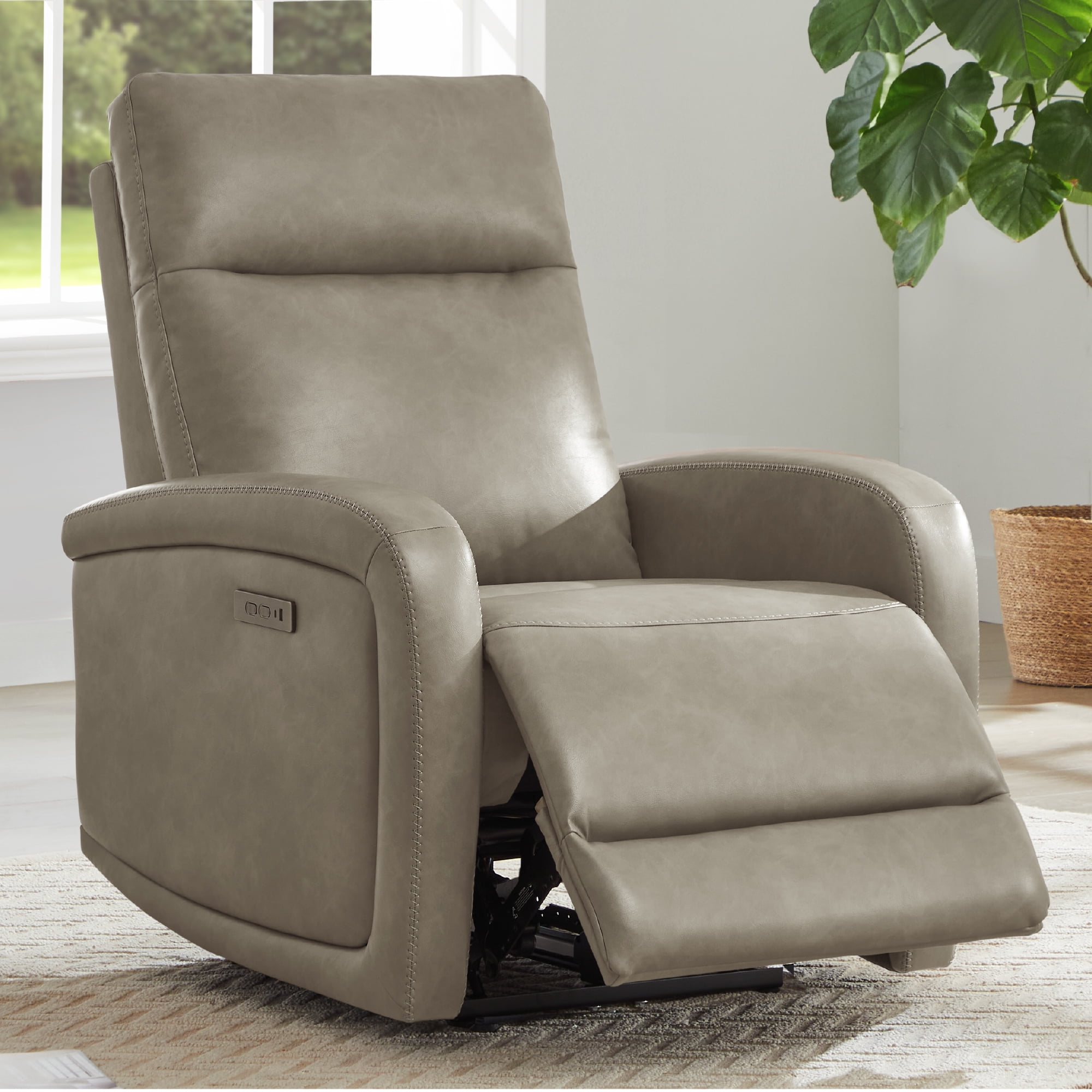 Spruce & Spring Zero Wall Hugger Power Recliner for Compact Spaces, Gray-Faux Leather