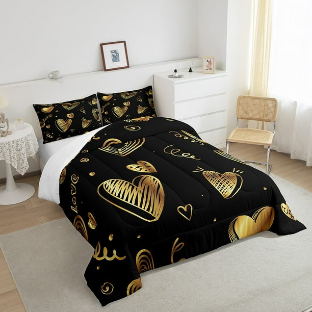 YST Love Full Comforter Set Black and Gold Bedding Comforters & Sets  Abstract Duvet Heart Shaped Quilt Comforter with 2 Pillowcase 3 Piece  Luxury Soft Microfiber Quilt for Kids Teens Men Women 