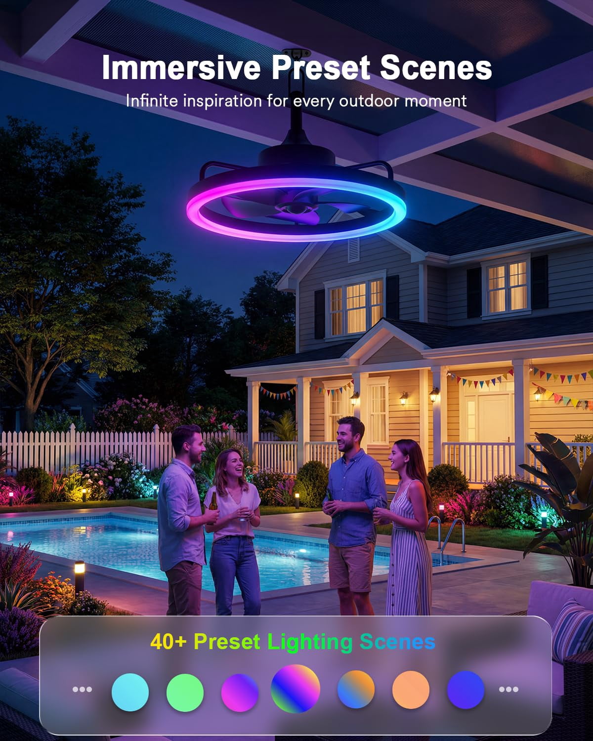 Lumary Smart Outdoor Ceiling Fan with Light IP65 Waterproof Caged Iron RGB Color Changing Remote Control 20 Inch