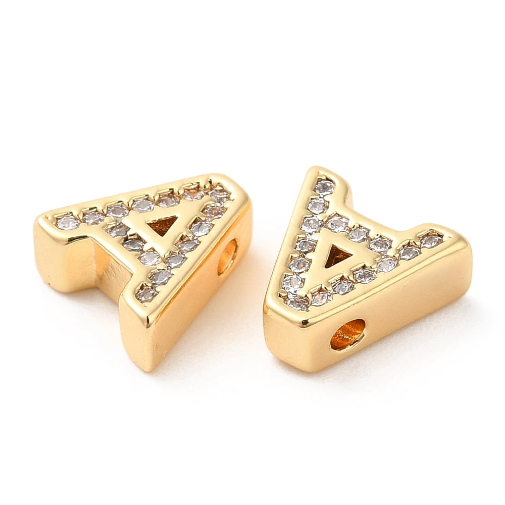 20pc Brass Micro Pave Cubic Zirconia Beads Real 18K Gold Plated Letter A 8x8x3.5mm Hole: 1.2mm