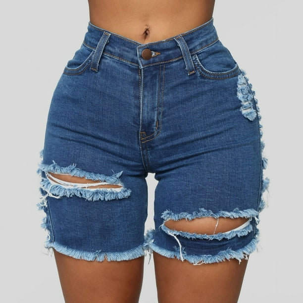 Fvwitlyh Tummy Control Jeans For Women Women's Sexy Summer Mid Waist Ripped  Jean Shorts Frayed Hem Denim Shorts With Pockets Blue,XL