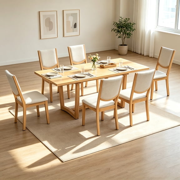 AUU 7-Piece Extendable Dining Table Set for 6 – Rectangular Kitchen Table with 6 Curved Back Upholstered Chairs for Dining Room or Apartment