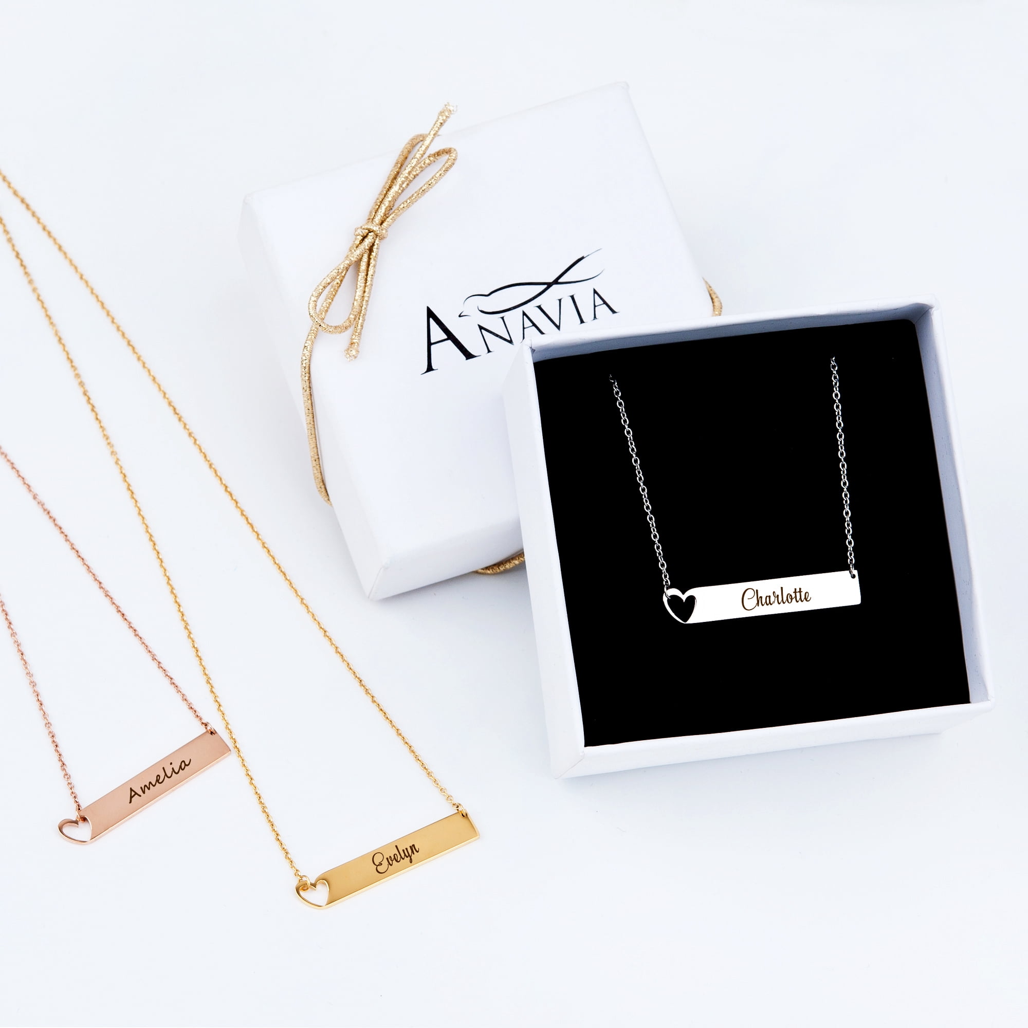 Anavia Personalized Heart Name Necklace Gift for Mom Silver Women's Heart Custom Bar Stainless Steel Engravable Couples Gift for Girlfriend Wife Name Necklace Birthday Day Gift Box Ships Next Day