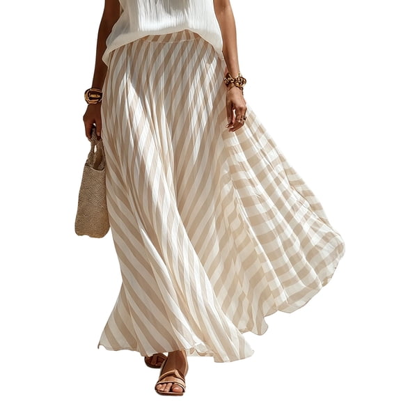 JGGSPWM Womens Elegant Striped Pleated Flowy Maxi Skirt High Elastic Waist Long Skirts, Soft Loose Fit Vacation Daily Wear for Spring Summer Beige M