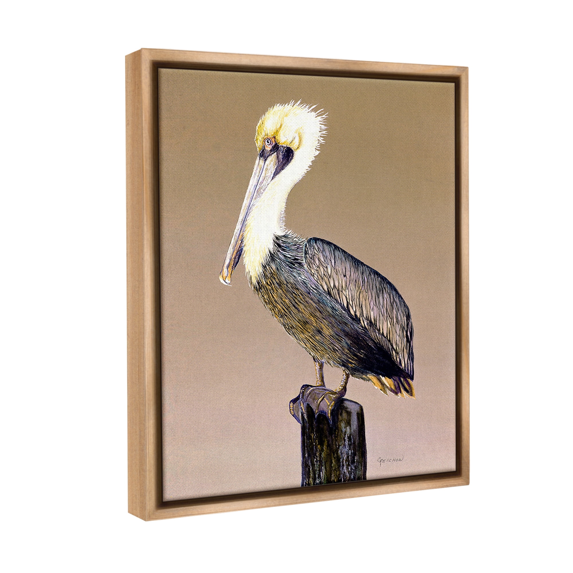 Stupell Industries Pelican on Perch Animals & Insects Painting Brown Floater Framed Canvas Art Print Wall Art, 25 x 31