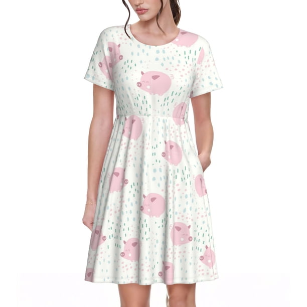 Easygdp Cute Pigs para Vestido Transpirable de Mujer, Vestido Suelto de Manga Corta con Pliegues y Bolsillos para el Verano