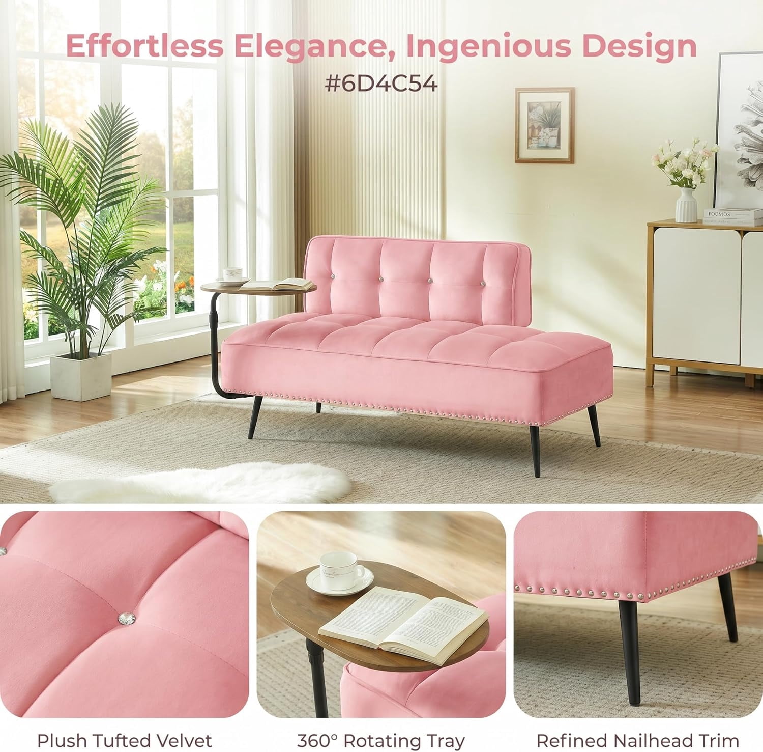 MOONMISS 54 inch 2-Seater Velvet Sofa with 360 Rotating Side Table Space Saving Multi Use Bench Office Living Room Apartment,Pink