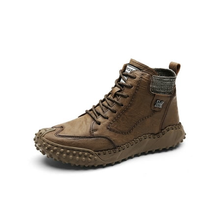 

Gomelly Men Snow Boot Lace Up Ankle Boots Plush Lined Casual Shoes Hand Stitching Booties Driving Walking Brown 8.5