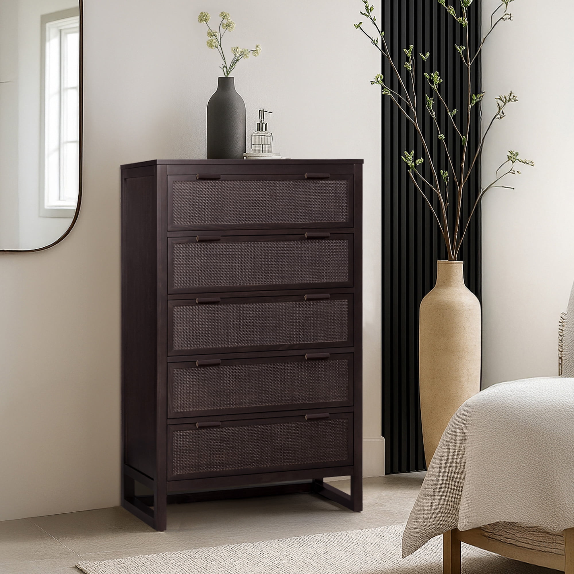 Hatteras Dresser with 5 Rattan Inlay Drawers, Espresso – Teamson Home: Wide & Deep Storage with Coastal Modern Style