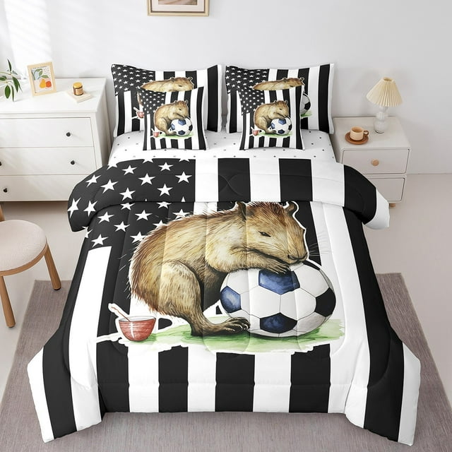 YST Ensemble Douillette Drapeau Américain 7 Pcs, Format Grand Lit, Capybara Dessin Animé, Polyester, Lit en Sac (7 Unités)