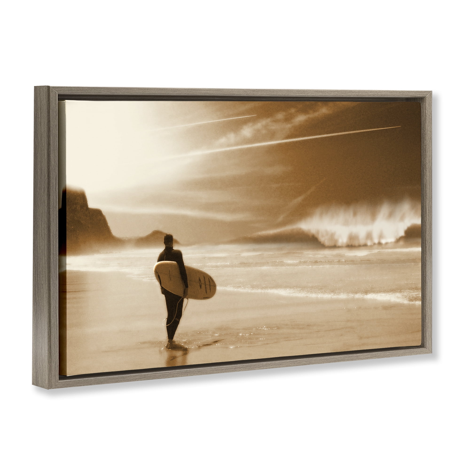 Stupell Industries Out Of The Sun Surfer Coastal Photography Brown Floater Framed Canvas Art Print Wall Art, 25 x 17