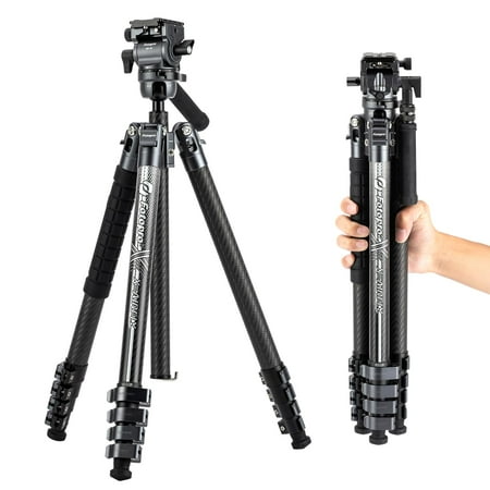 Fotopro X-Airfly Video 64.6 Carbon Fiber Tripod with Ball Head & Fluid Head 5-Sec Lightweight Compact Camera Tripod Stand for Travel Low Angel Shooting Hidden Phone Clip Max Load 10 lbs Grey