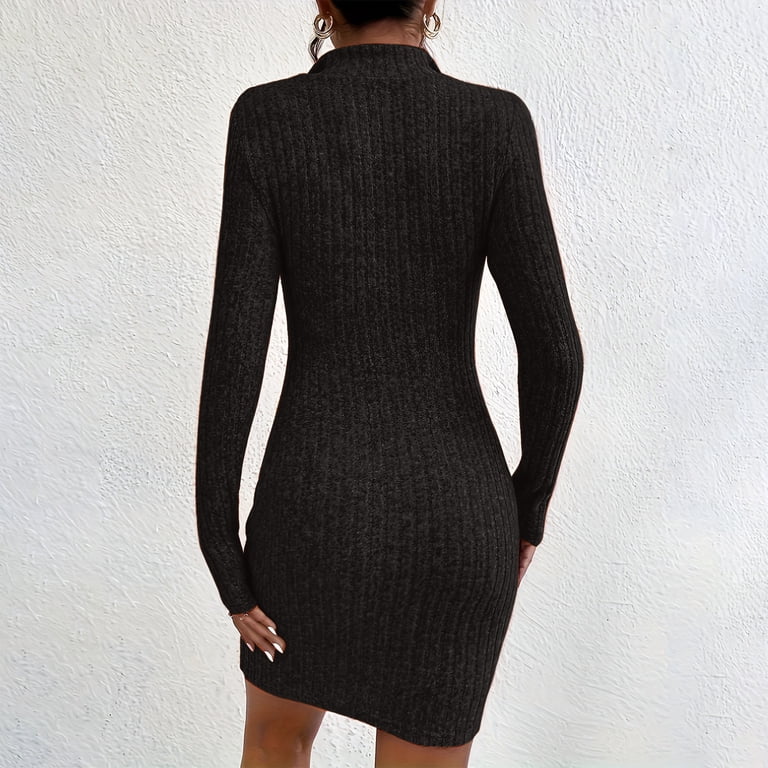 black fitted sweater dress Swuxness Women Long Sleeve Knit Dresses, Women Mid Length Dresses, Women's Solid Color Zipper Collar Waist-Defining Knit Short Black, XXL Raven Gown Category_BeachSkirtsDresses Womens SSKEIN Margot Dress Cỡ:M