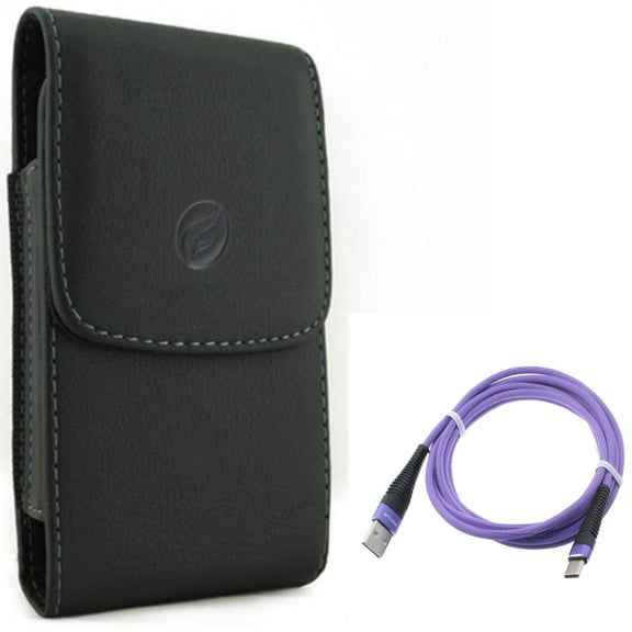 6ft USB Cable w Case Belt Clip for Samsung Galaxy A73 5G,A13 5G,A03s Phones - Purple Type-C Charger Cord Power, Leather Holster Cover Pouch