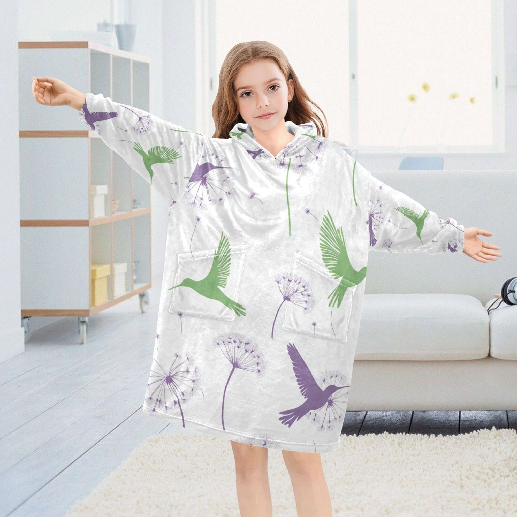 FORMRS Wearable Blanket Hoodie with Sleeves for Kids Cozy Flannel Sweatshirt, Purple Birds