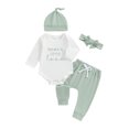 thumbnail image 2 of Aojekbee Baby Girl Fall Outfit, Letter Embroidery Long Sleeve Romper Elastic Waist Pants Hat Headband 4 Piece Set, 2 of 10