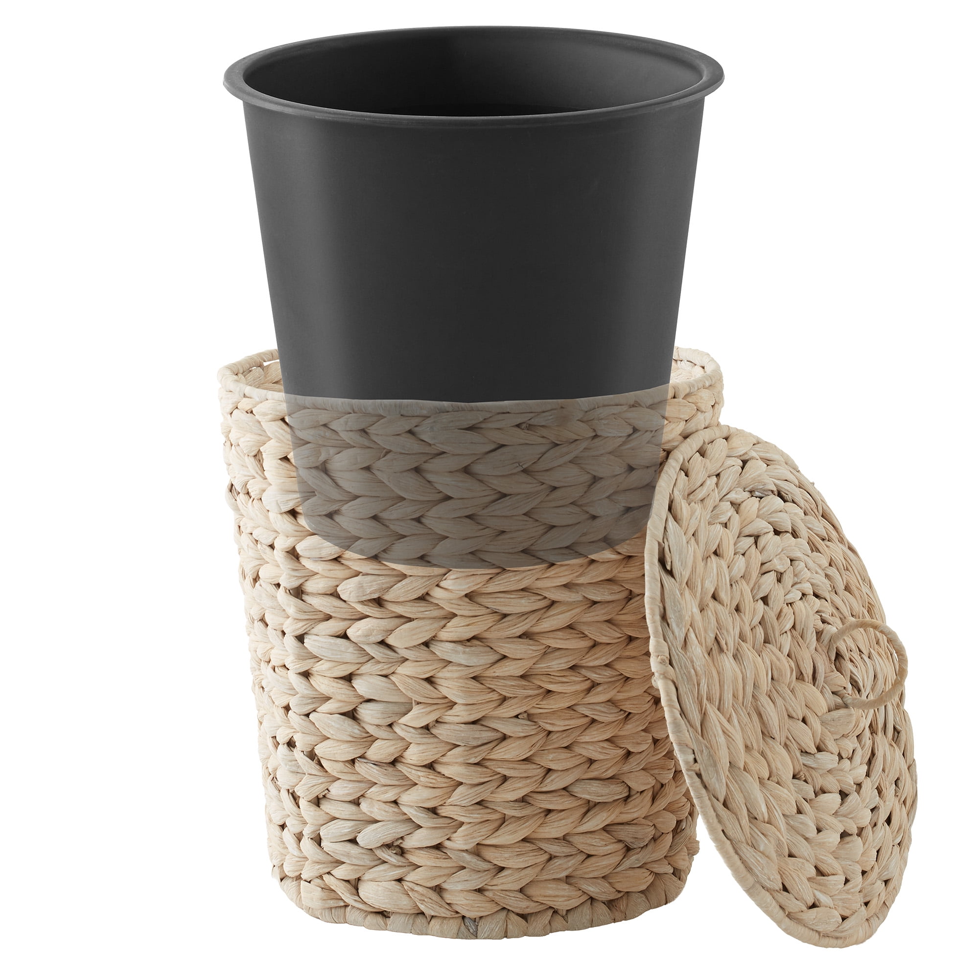 Casafield Hyacinth Trash Can with Lid and Liner, Whitewash White Wicker Waste Basket for Garbage in the Bathroom, Bedroom, Laundry Room, Home Office